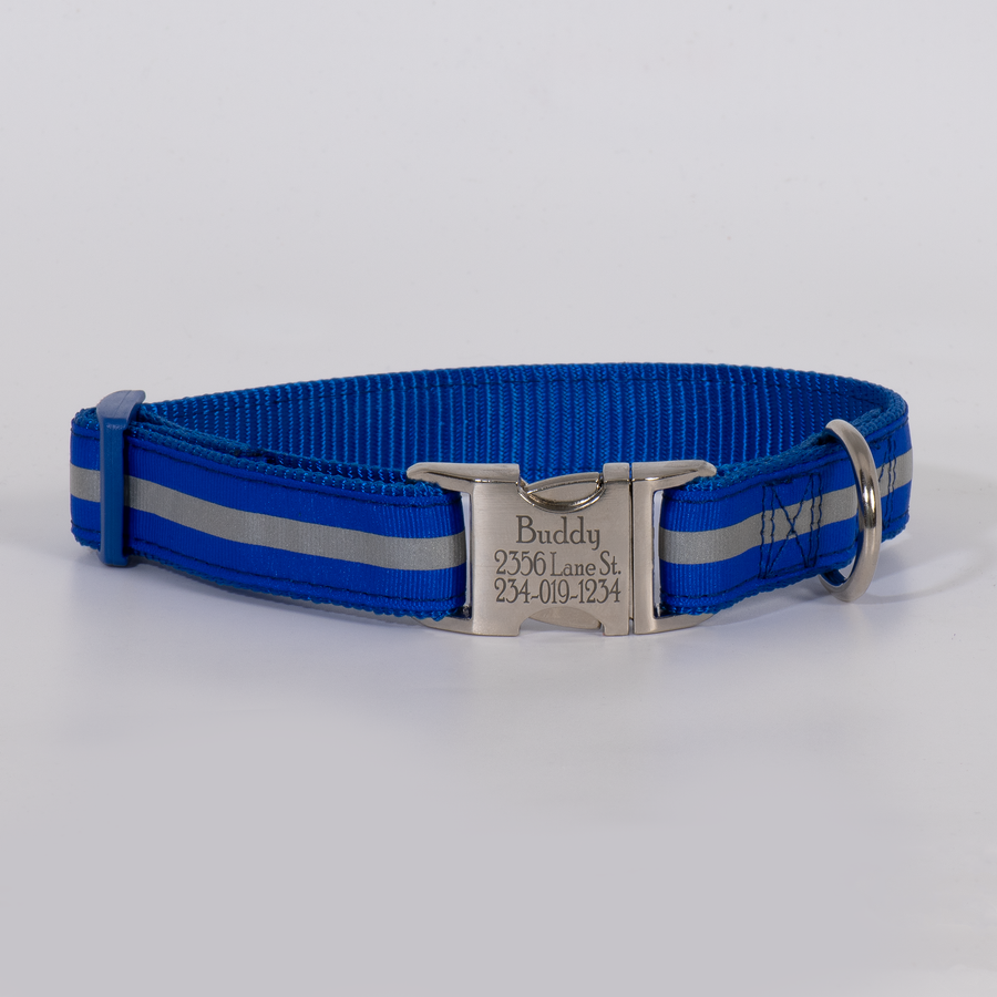 Reflective Saftey Adjustable Dog Collar Personalized Buckle 5 Colors